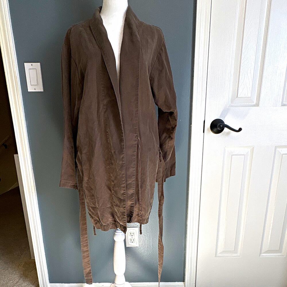 STILLWATER Women’s Brown Kimono Robe Shawl Collar Belted Tie Lyocell Linen S